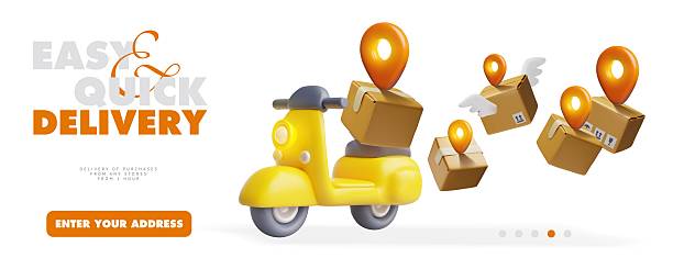 istock Delivery motorbike carrying package with geotag, postal service, vector 3D banner design Easy and quick, online order 2241056943