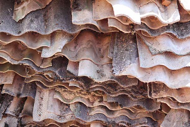istock Close-up of stacked wavy roofing sheets with weathered surface. Rustic texture background, industrial construction material, abstract layered pattern. 2241061156