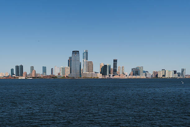 Jersey city skyline presenting numerous skyscrapers and buildings against a clear blue sky, viewed from across the hudson river