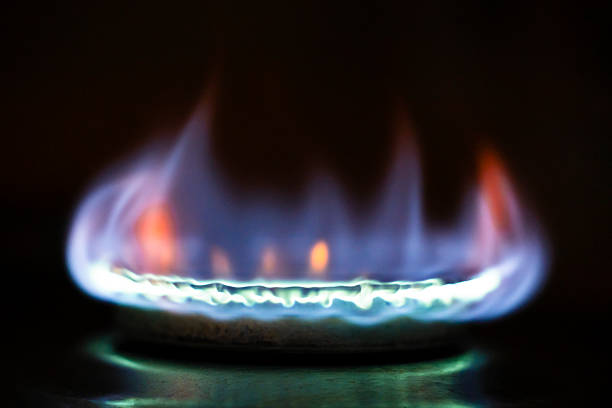 Close-up image of a gas stove burner actively emitting a ring of blue flames, indicating complete combustion and optimal energy efficiency. The vibrant blue color signifies clean burning with minimal carbon monoxide output, making it a reliable and eco-friendly heating source. This concept is ideal for illustrating themes of sustainable energy, alternative heating solutions, and cost-effective cooking or warming methods in households. Suitable for topics related to clean energy, rising electricity costs, off-grid living, eco-conscious kitchen appliances, and modern gas-powered heating systems. Can be used in articles, blogs, and campaigns promoting energy efficiency, sustainable living, and environmentally responsible home solutions.