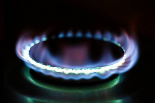 Modern kitchen stove cook with blue flames burning