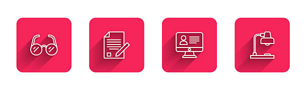 Set line Glasses, Exam sheet and pencil, Online class and Table lamp with long shadow. Red square button. Vector.