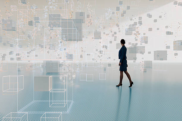 istock Businesswoman walking in VR environment 2241096625