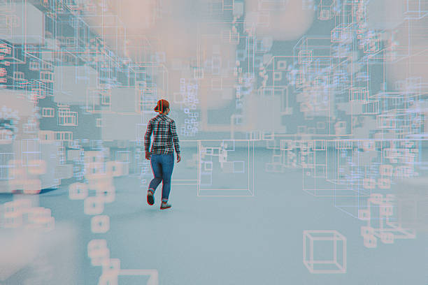 istock Casual woman walking in VR environment 2241096643