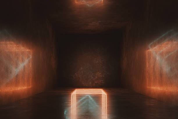 istock Futuristic concrete room with reflective walls 2241096695