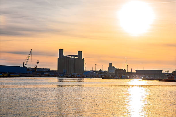 Port of Tarragona view with tranquil sunset over industrial harbor. Large grain silos and cranes line waterfront. Silhouetted industrial harbor structures against a blinding sun reflecting on water