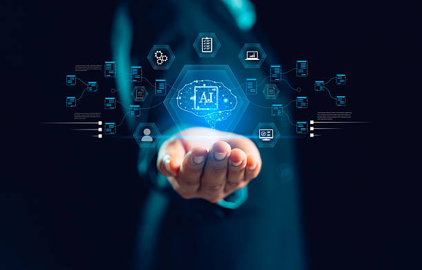 istock Businesswoman interacts virtual graphic interface, global AI chatbot by futuristic AI tech, artificial intelligence respond to command prompt, generating, internet connected business technology. 2241103531