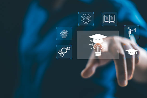 istock Concept of online education and digital learning is illustrated by hand using laptop, surrounded by icons such diploma, brain, target-symbolizing ideal e-learning platforms on education, development 2241103571