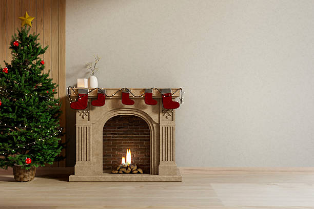 istock Minimalist bricks fireplace with string light and stocking socks aside Christmas tree in wood basket 2241108825
