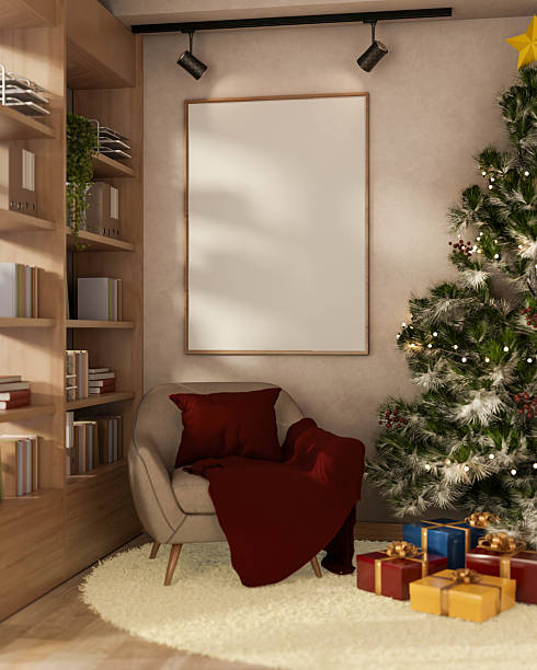 istock Sofa chair under blank frame and Christmas tree with present gift box on floor carpet in a living room. 2241110494