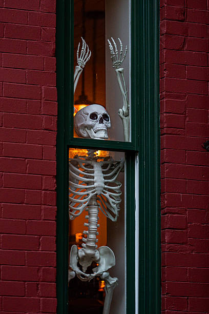 istock Halloween skeleton decorations. Halloween skeleton for decorated house. Scary skeleton Decorated at front yard of a American home. Trick or treat. Halloween skeleton background. 2241110939