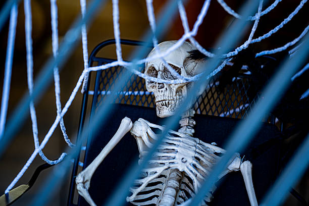 Halloween skeleton decorations. Halloween skeleton for decorated house. Scary skeleton Decorated at front yard of a American home. Trick or treat. Halloween skeleton background