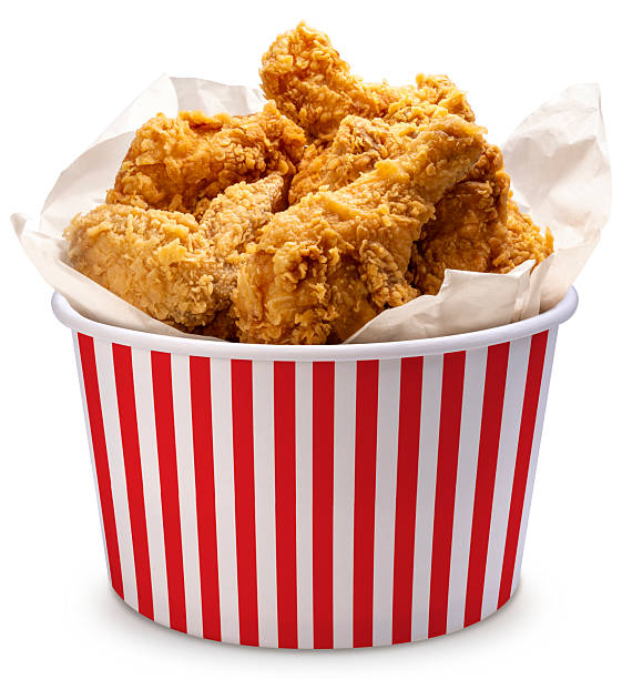 istock Fried chicken in paper bucket isolated on white background, Fried chicken on white With clipping path. 2241118373