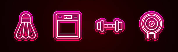 istock Set line Badminton shuttlecock, Bathroom scales, Dumbbell and Target sport. Glowing neon icon. Vector 2241125682