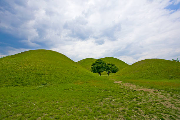 Tumuli park or Daereungwon tomb complex scenic view with several tumulus and green trees in Gyeongju, South Korea.