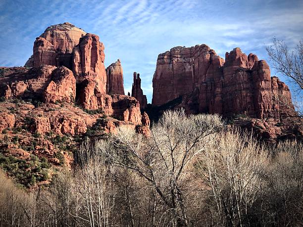 Sedona, red, rocks, structure, nature, landscape, bare trees, branches, afternoon, springtime, summer