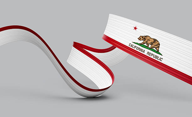 Dynamic California flag ribbon flowing. State symbol with bear star. 3d illustration