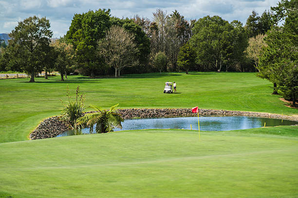 istock Golfers and golf cart by water hazard on lush course. 2241136152