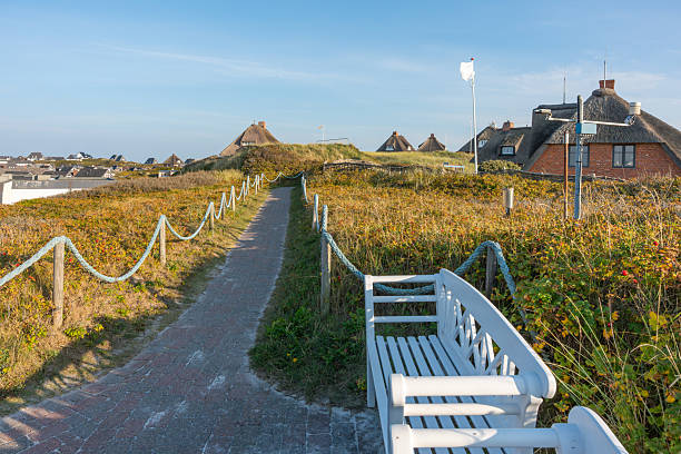 A sandy path lined with ropes leads through the dunes to thatched houses. A white bench invites visitors to rest and enjoy the coastal view.