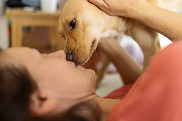 Mature woman is lying in bed, her dog is next to her and they are playing.