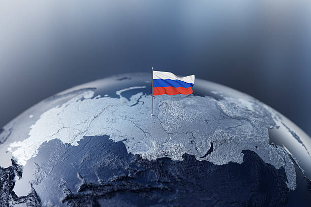 A Russian flag is pinned to a textured globe over Europe, illustrating national identity, international relations, and geopolitics. Ideal for news, analysis, and discussions about Russia's global role.