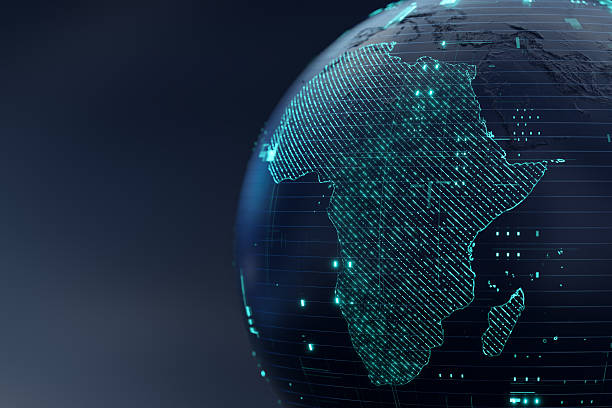 Digital Globe With Neon Africa Map Highlighting Global Tech And Data Connectivity stock photo
