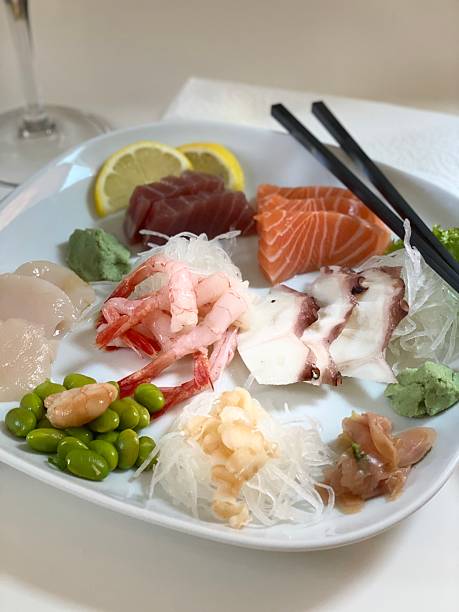 Salmon Sashimi On Wooden Board Macrophotography