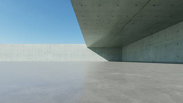 istock 3d render of abstract modern concrete architecture background, Minimal geometry architectural design, Car presentation backdrop with empty concrete floor, Geometric white blocks building design 2241148042