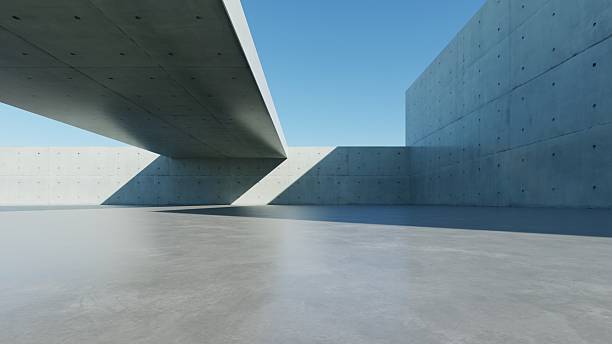istock 3d render of abstract modern concrete architecture background, Minimal geometry architectural design, Car presentation backdrop with empty concrete floor, Geometric white blocks building design 2241148043