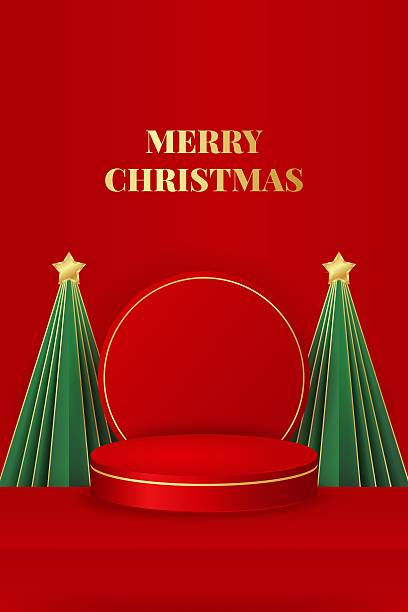 istock Merry Christmas vertical poster with podium, green Christmas trees. Red and gold colors. Vector illustration for presentations and seasonal promotions 2241155799