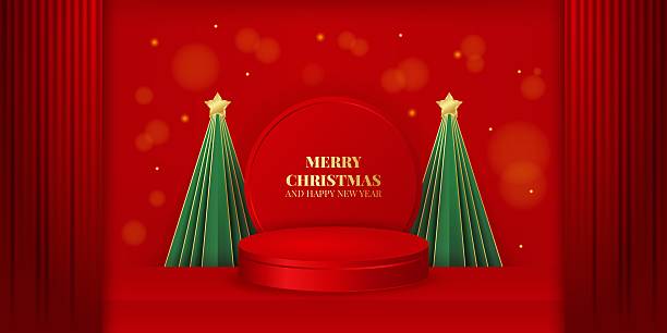 istock Merry Christmas horizontal banner with podium, curtains, green Christmas trees. Red and gold colors. Vector illustration for presentations and seasonal promotions 2241155833