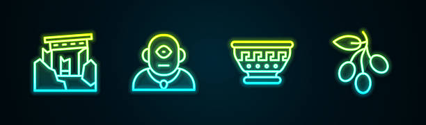 istock Set line Ancient ruins, Cyclops, Greek ancient bowl and Olives branch. Glowing neon icon. Vector 2241156894