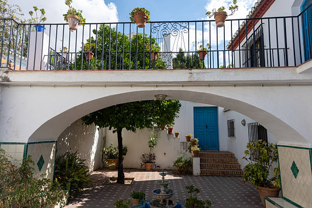 Interior view of a typical patio in Granada, featuring a central courtyard, plants, fountains, and Andalusian architecture. Perfect image for concepts of culture, architecture, tourism, history, and traditional Spanish life.