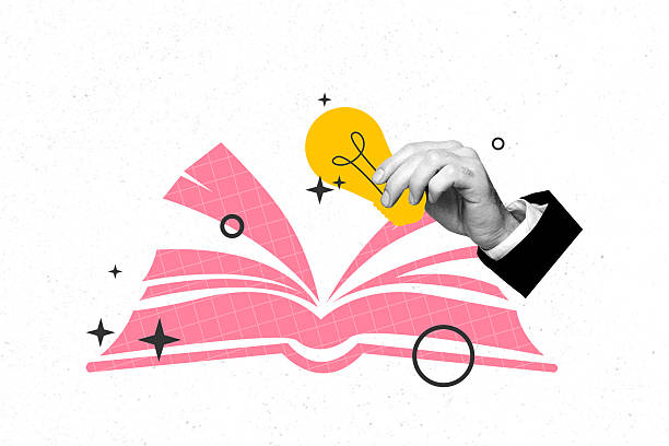 istock Artwork sketch banner full 3d collage of human hand hold light bulb idea finding book encyclopedia reader plan literature 2241157271