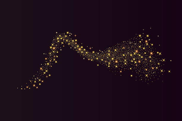 istock Magic gold dust undulated ray. Golden blinks and glitter swoosh. Shiny confetti, stardust light powder line texture. Festive particles wave isolated on dark background. Vector illustration 2241158538