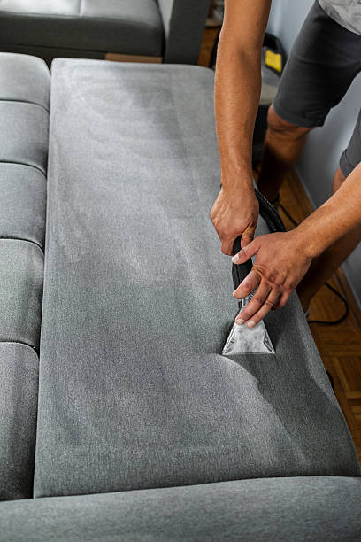 istock Professional man cleaning sofa upholstery with extraction machine 2241159200
