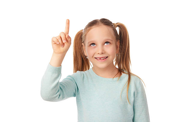 istock Smiling girl pointing up with index finger on white background 2241159523