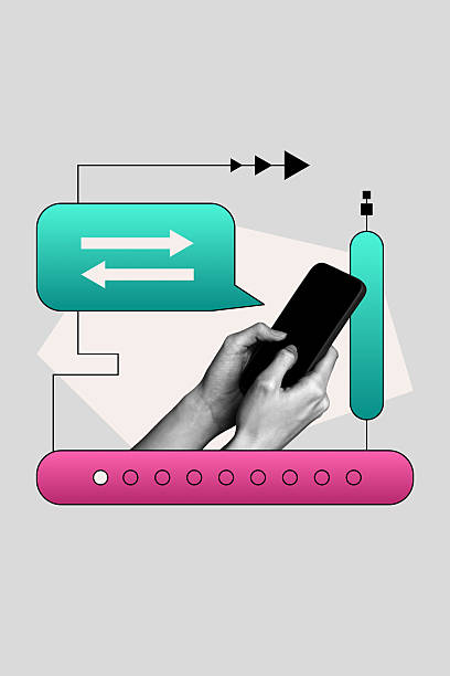 istock Exclusive artwork banner creative collage of human hands hold phone device arrow development progress career promotion trade 2241161013