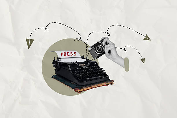 istock Art poster collage of type machine with arrows sending press paper use camera on grey background 2241162035