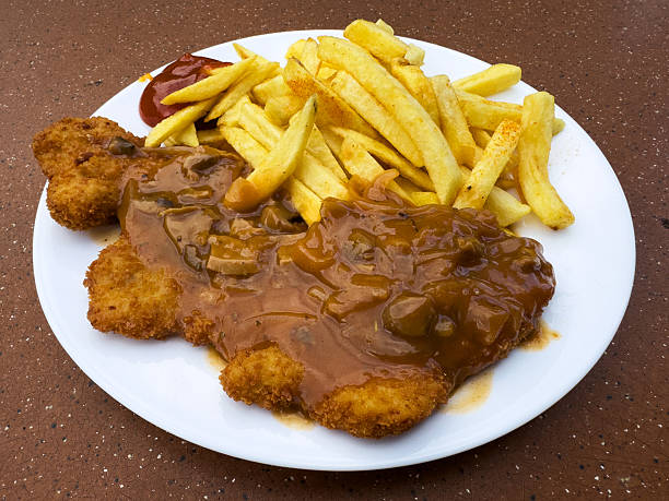 Pork schnitzel with a mushroom sauce and fries
