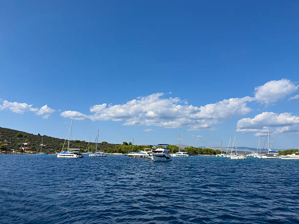 Sunny day at sea with yachts and distant shore