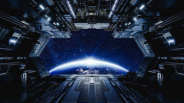 Spaceship flying over earth with open bay doors revealing sunrise. 3d render