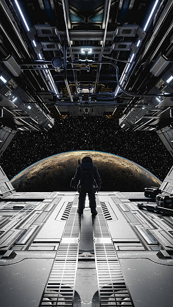 istock Astronaut exploring new planet from spaceship hangar bay. 3d render 2241165956
