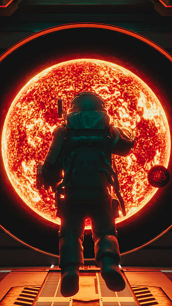 Astronaut floats near a spaceship window, observing a giant red star during a space exploration mission. 3d render