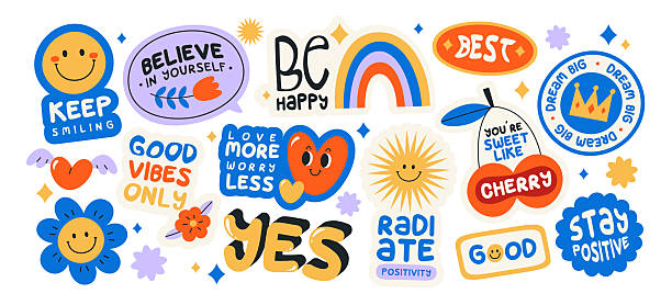 Set of colorful motivational stickers and inspirational decals with positive messages spreading joy, self-care and self-love. Affirmation, hopeful mindset, good vibes groovy icons vector illustration