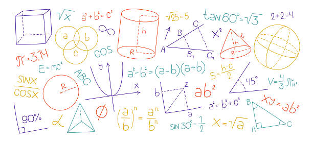 istock Vibrant colorful hand drawn math symbols, formulas and geometric shapes simple learning graphics 2241168866