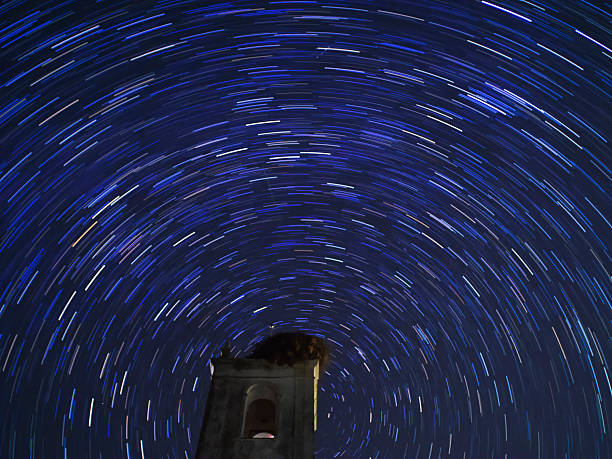 Photo of a star trails over a church tower in Alentejo, South of Portugal.