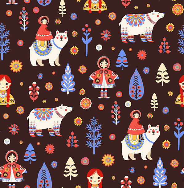 Scandinavian Folk Pattern with Polar Bears and Girls, Cozy Winter Seamless Design. Cute Nordic Fairy Tale Pattern with dark backgrounds. Children Winter Print. Vector Illustration