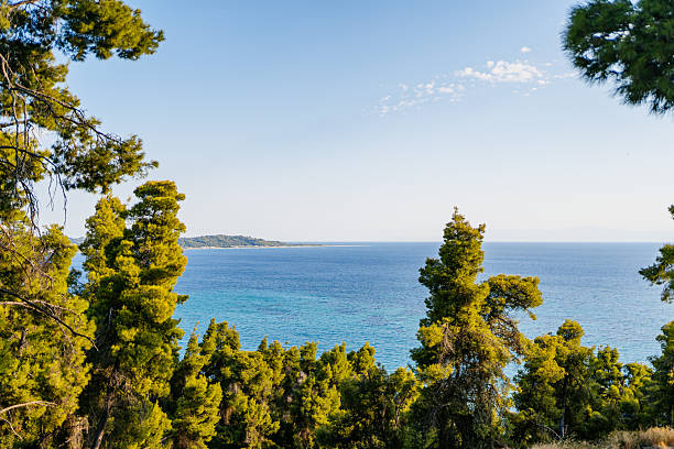 A high viewpoint overlooking the sea in Greece at sunset.