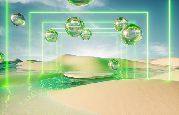 istock Futuristic winter landscape background with neon light and spheres. 3d rendering. 2241183530